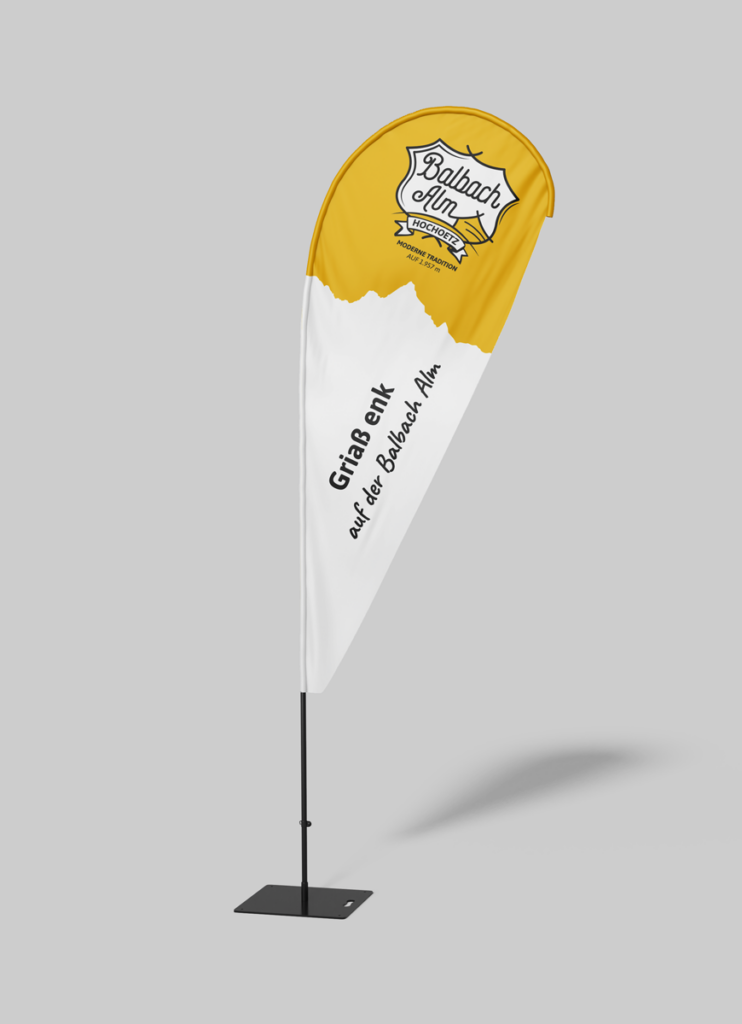 Ein Mock up einer Beachflag der Balbach Alm