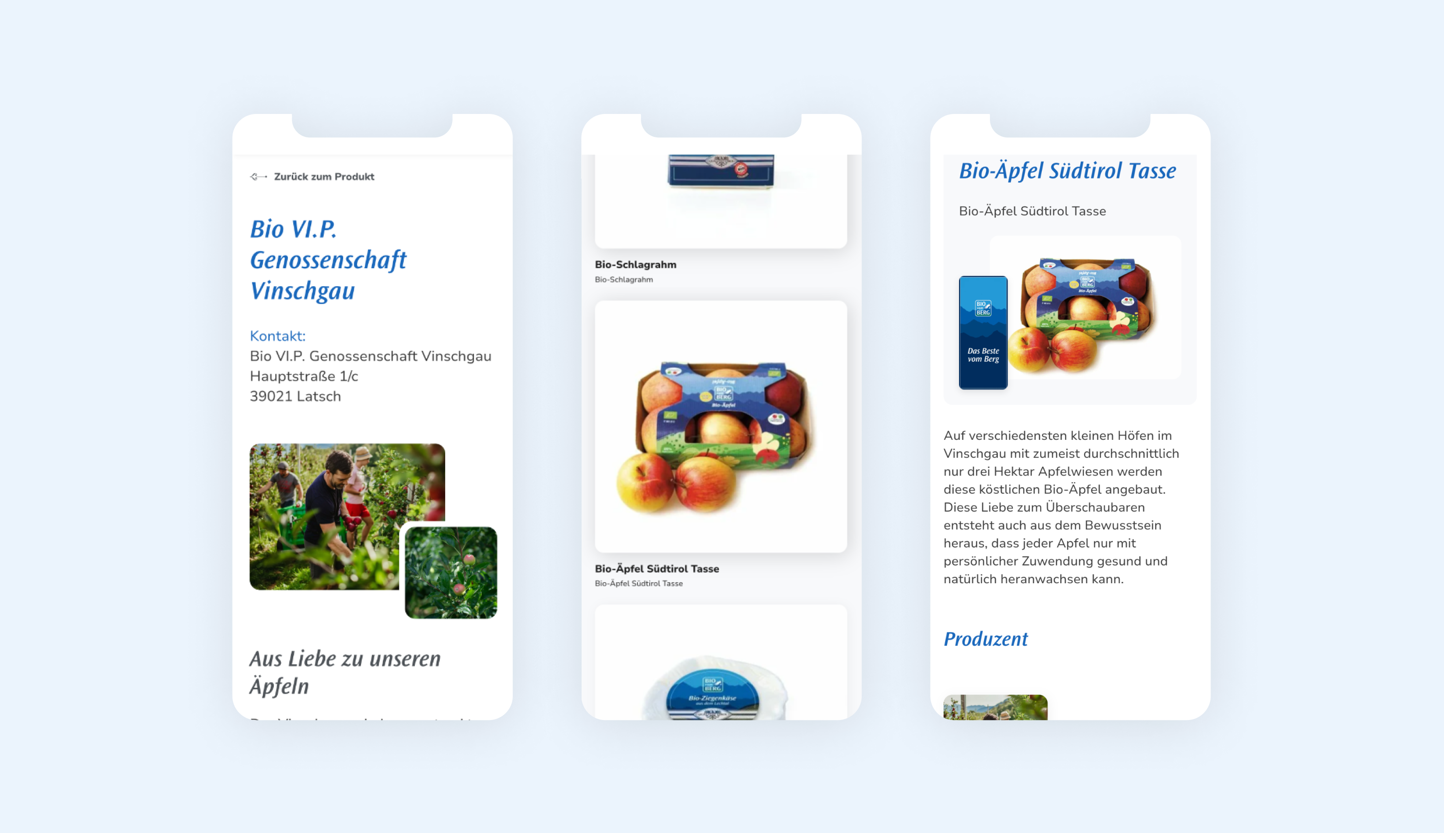 Drei mobile Screenshots der Seite. Der erste zeigt die Themenseite "Kontakt", der zweite das Warenangebot von Bio vom Berg und der dritte eine Detailseite der Produkte.