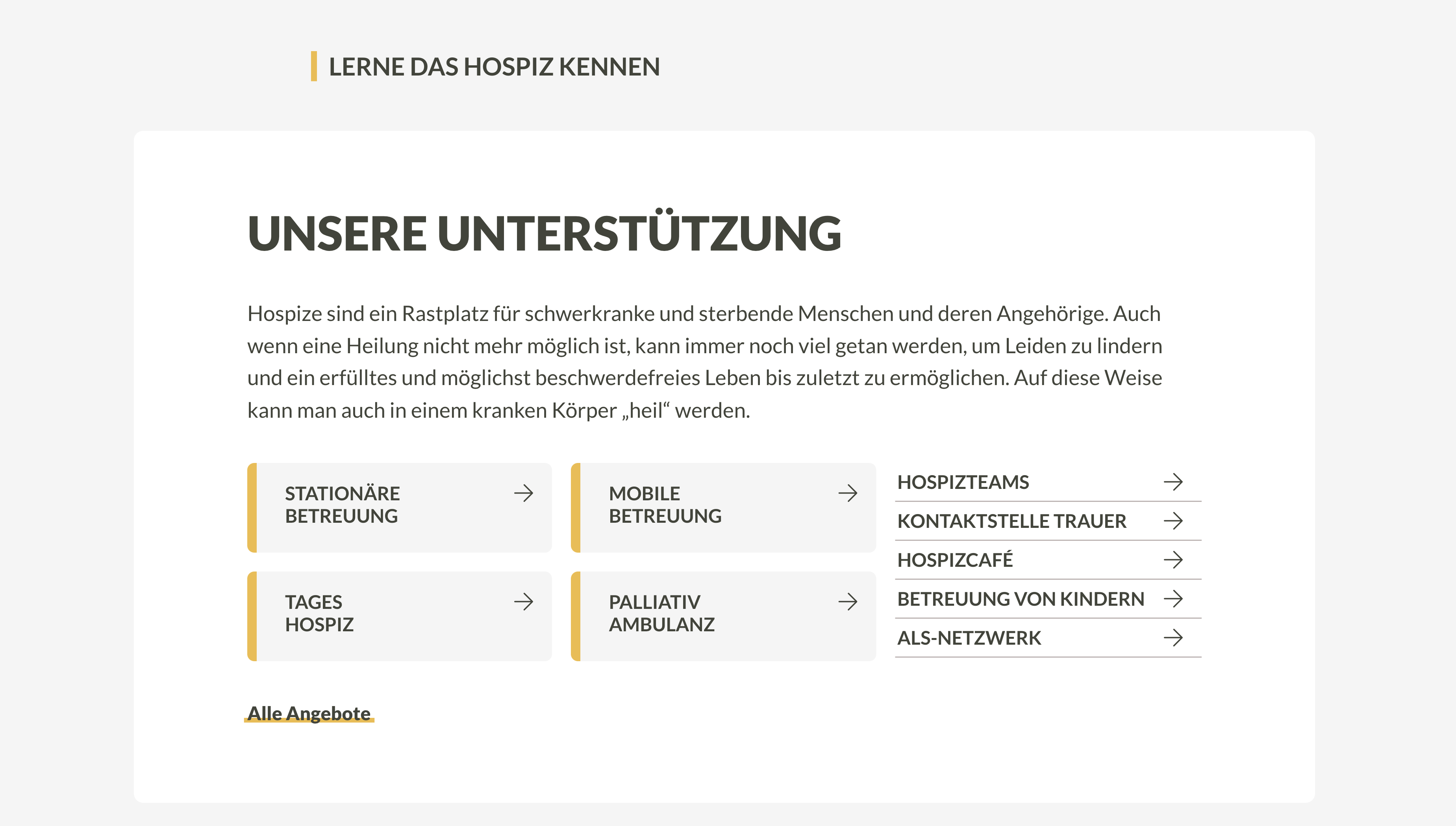 Ein Screenshot der Website der Tiroler Hospizgemeinschaft über deren Unterstützungsangebote